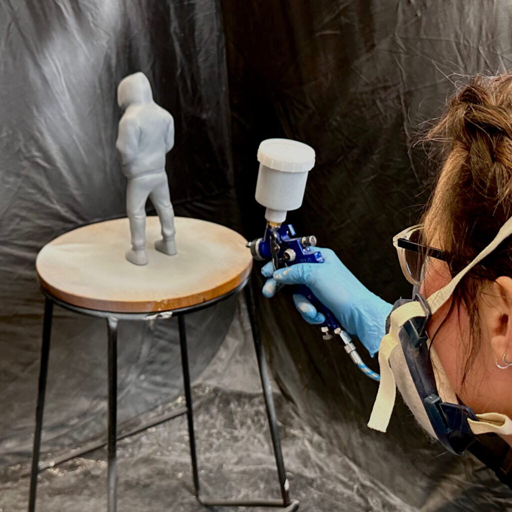 Sculptures are hand painted either with a paint gun or a brush for more intricate patterns.