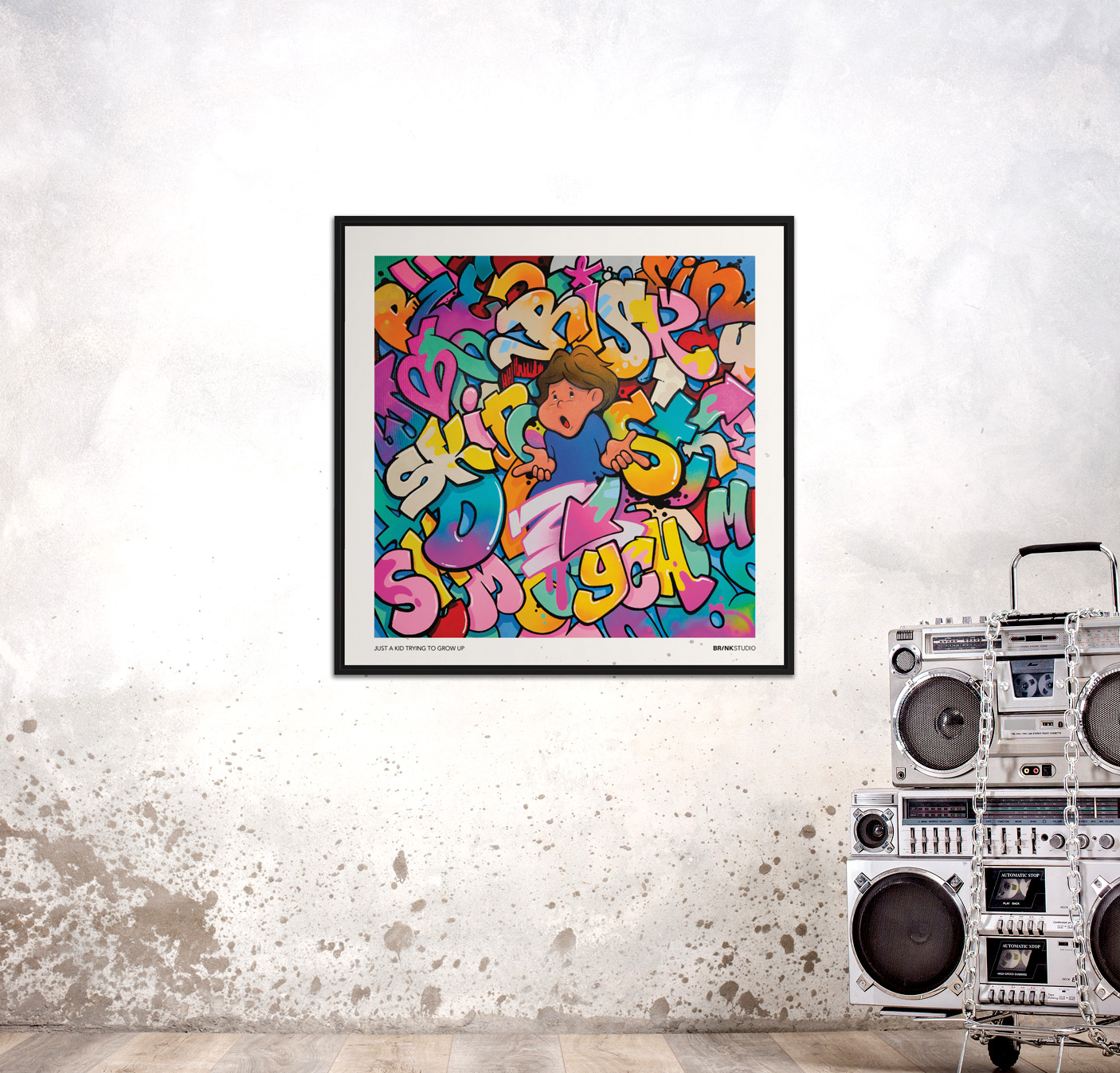Just a kid street art print example on wall